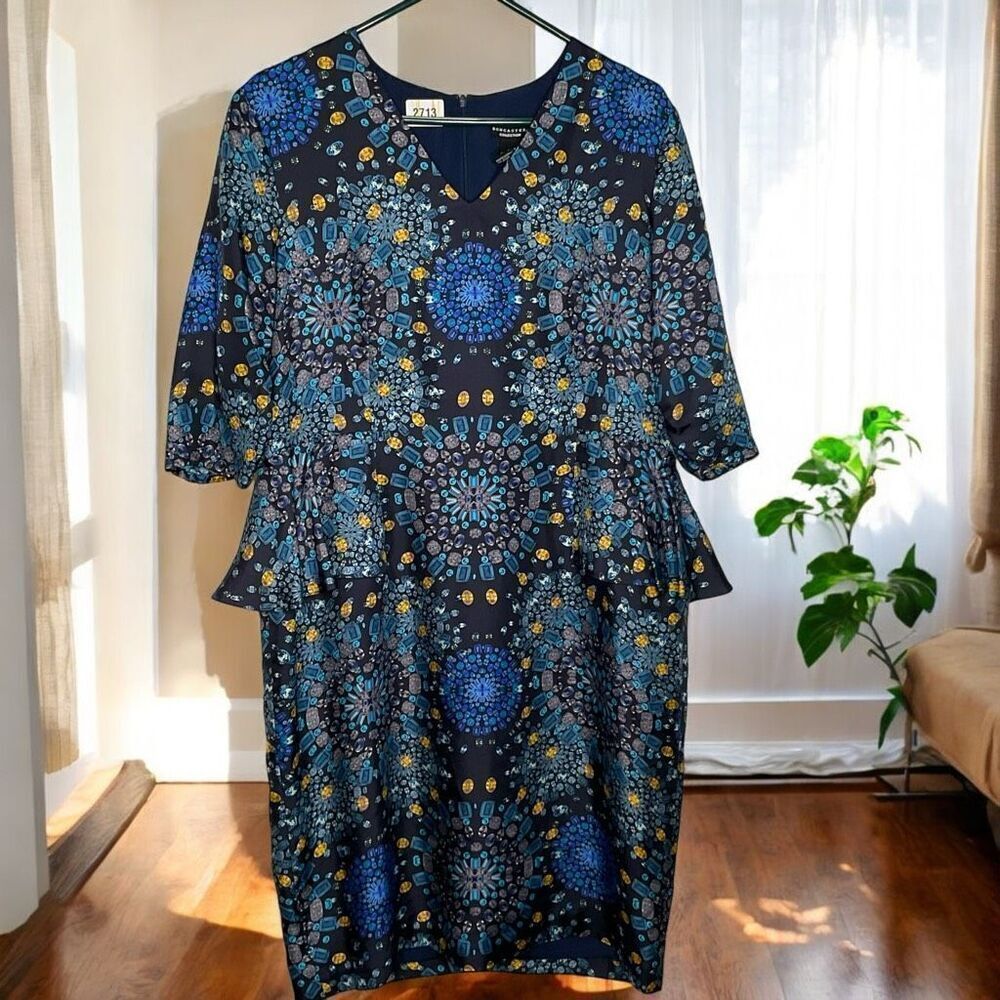 DonCaster Mother Dress Peplum knee length 100% silk dress. Size 14 Navy/gem